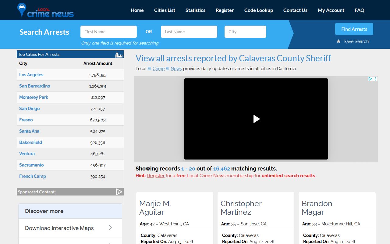 Unofficial Local Crime News Calaveras County Sheriff arrest archive