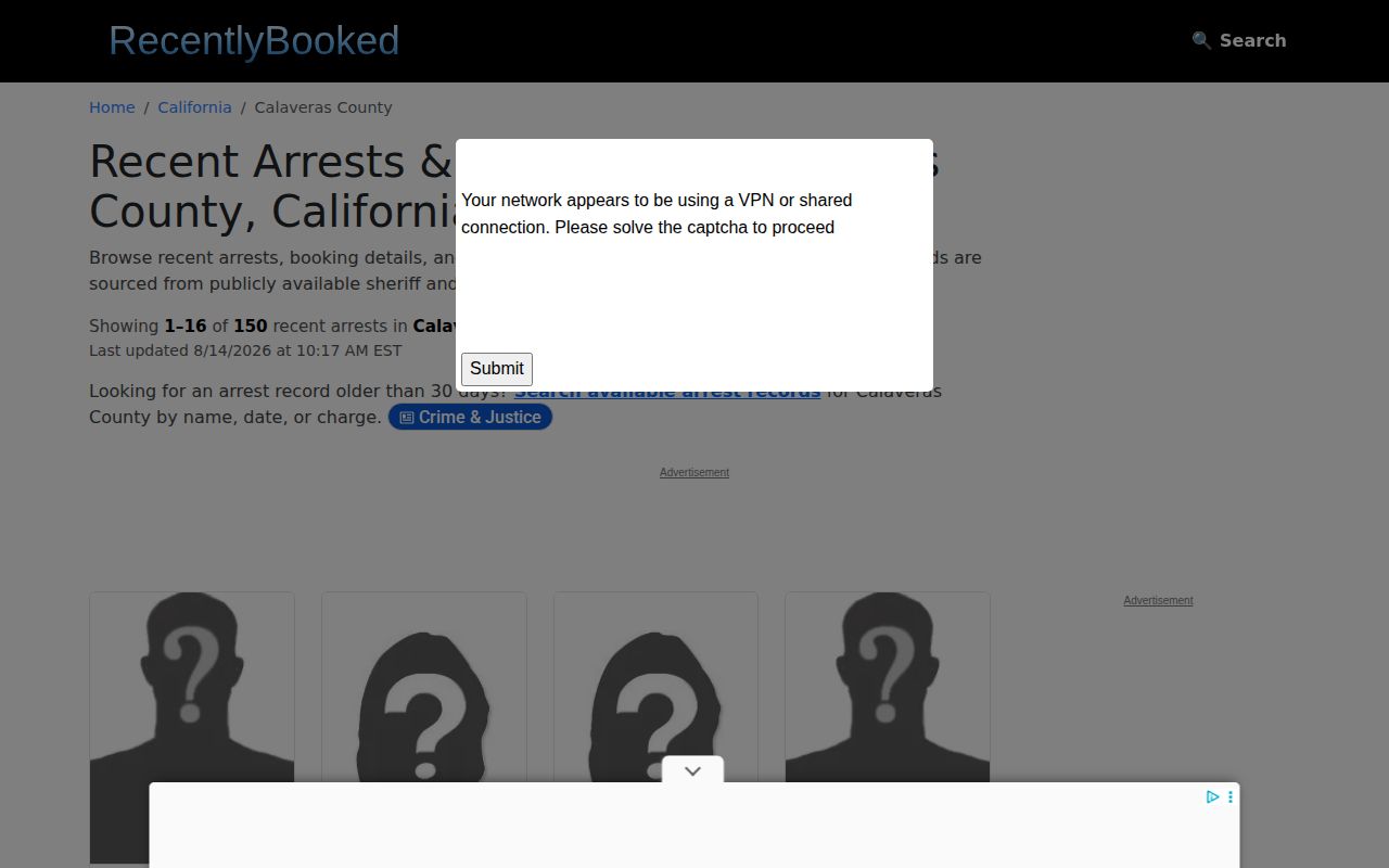 Unofficial RecentlyBooked Calaveras County arrest record list without verified county mugshots