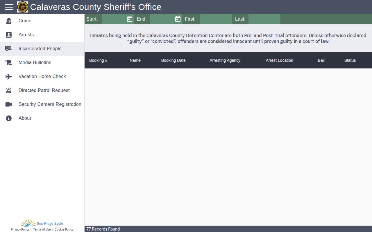 Calaveras County current custody roster record search