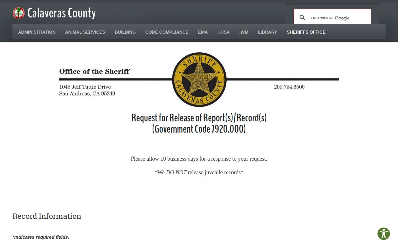 Calaveras County booking record and mugshot request form