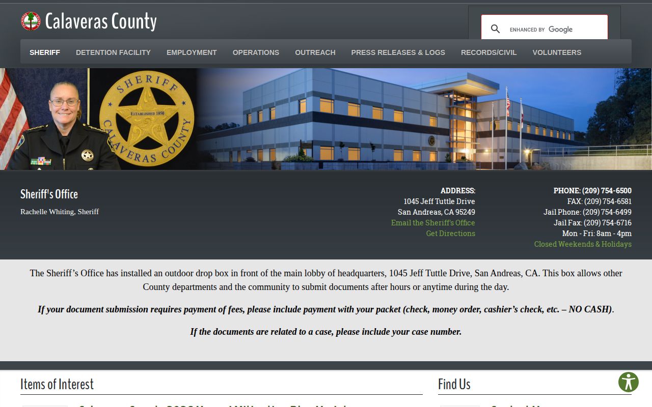 Calaveras County Sheriff website for San Andreas arrest and booking records